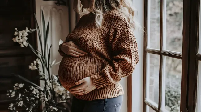 Schwangere Frau im gemütlichen Pullover am Fenster