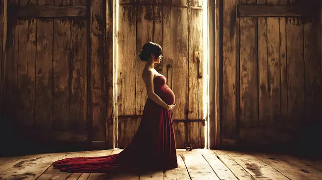 Schwangere Frau in rotem Kleid vor Holztür in Ruhe