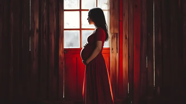 Schwangere Frau in rotem Kleid vor Holztür