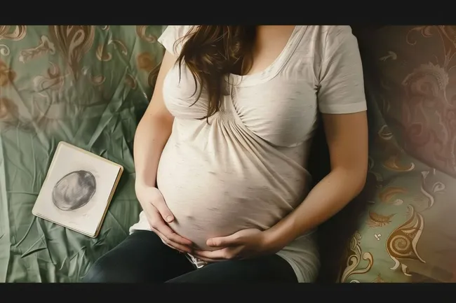 Schwangere Frau liegt auf Bett mit Ultraschallbildern