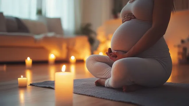 Schwangere Frau praktiziert Yoga im gemütlichen Zuhause