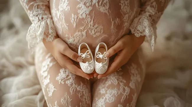 Schwangere hält niedliche Babyschuhe in Spitzenkleid