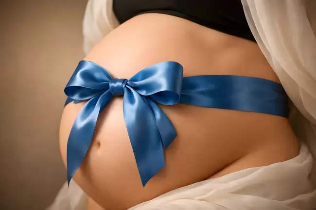 Schwangerschaft - Schwangere Frau mit blauer Schleife
