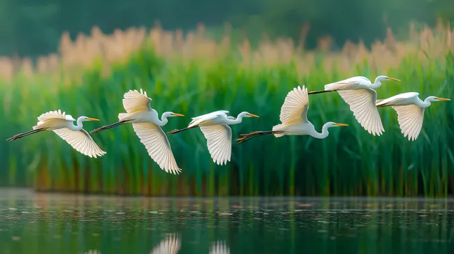 Schwarm weißer Reiher über idyllischer Seenlandschaft