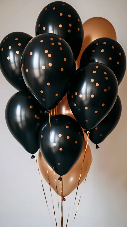 Schwarz-goldene Punktmuster-Luftballons vor heller Wand