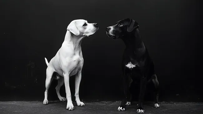 Schwarz-Weiß-Porträt zweier Hunde vor dunklem Hintergrund