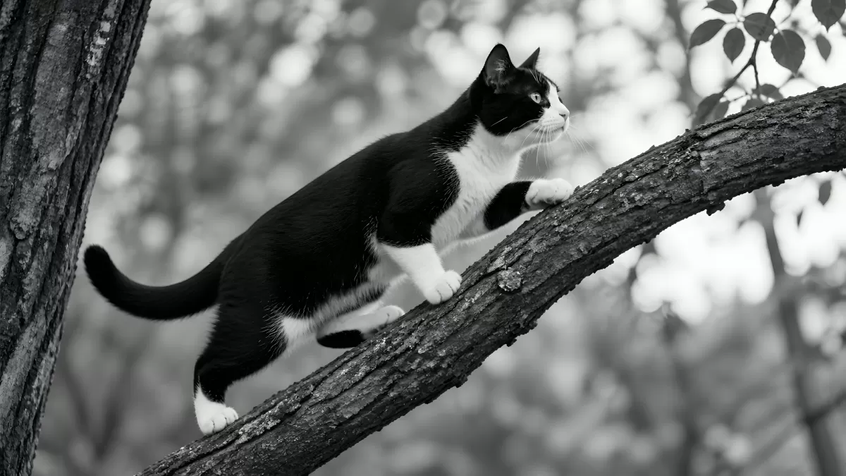 Schwarz-weiße Katze klettert einen Ast hinauf