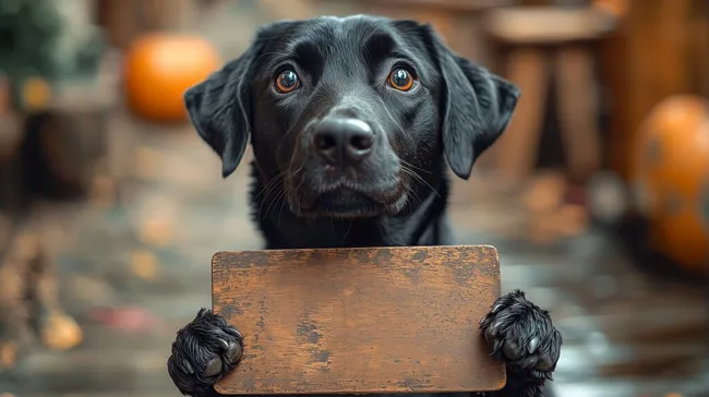 Schwarz-weißer Hund hält Schild in den Pfoten