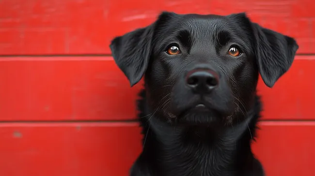 Schwarz-weißer Labrador-Hund vor roter Wand