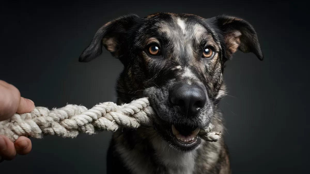 Schwarz-weißer Mischlingshund spielt mit Seil im Studio