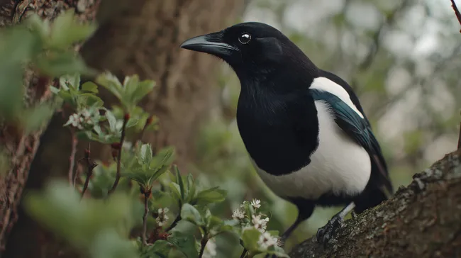 Schwarz-weißer Vogel auf Baumast im Frühling
