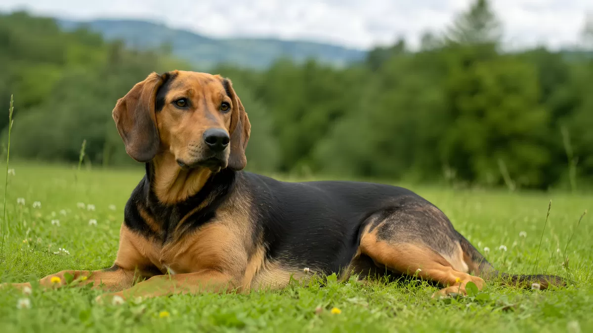 Schwarzbrauner Laufhund liegt auf grüner Wiese