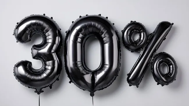 Schwarze Ballons mit 30% Rabatt-Aufschrift