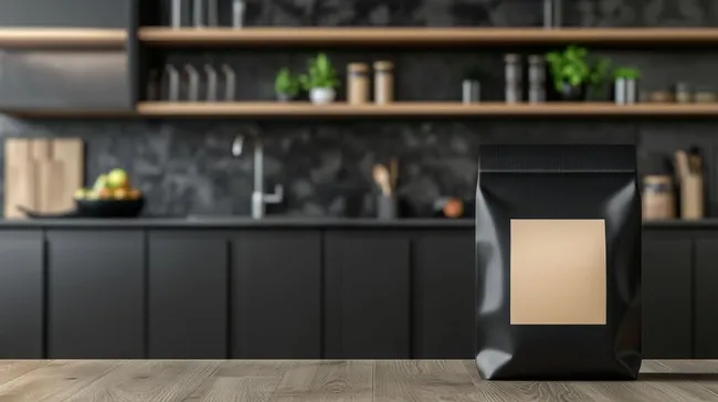 Schwarze Bio-Kaffeebohnen in moderner Verpackung