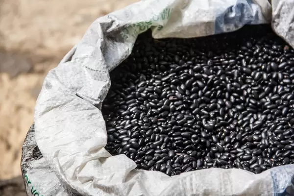 Schwarze Bohnen in einem Sack auf dem Markt