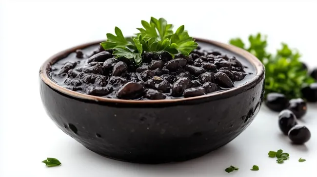 Schwarze Bohnen mit Kräutern in rustikaler Schüssel