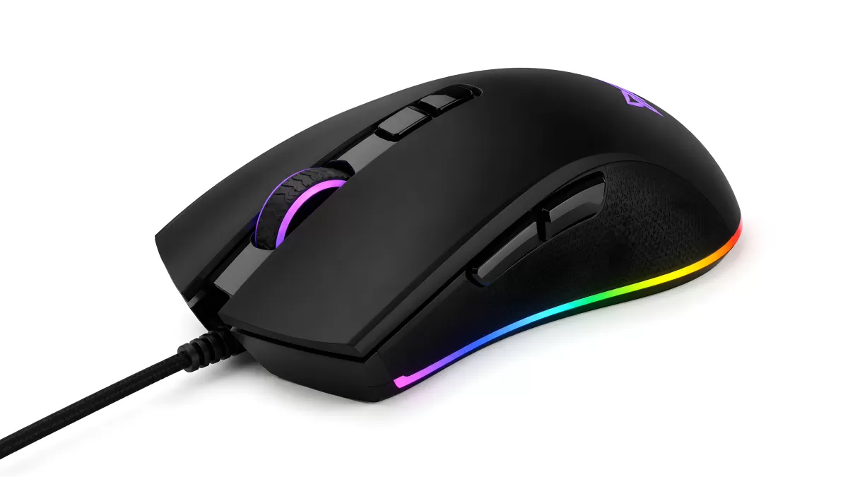 Schwarze Gaming-Maus mit RGB-Beleuchtung im Profil
