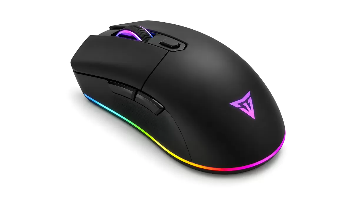 Schwarze Gaming-Maus mit RGB-Beleuchtung von unten