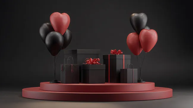 Schwarze Geschenkboxen und Luftballons auf rotem Podest