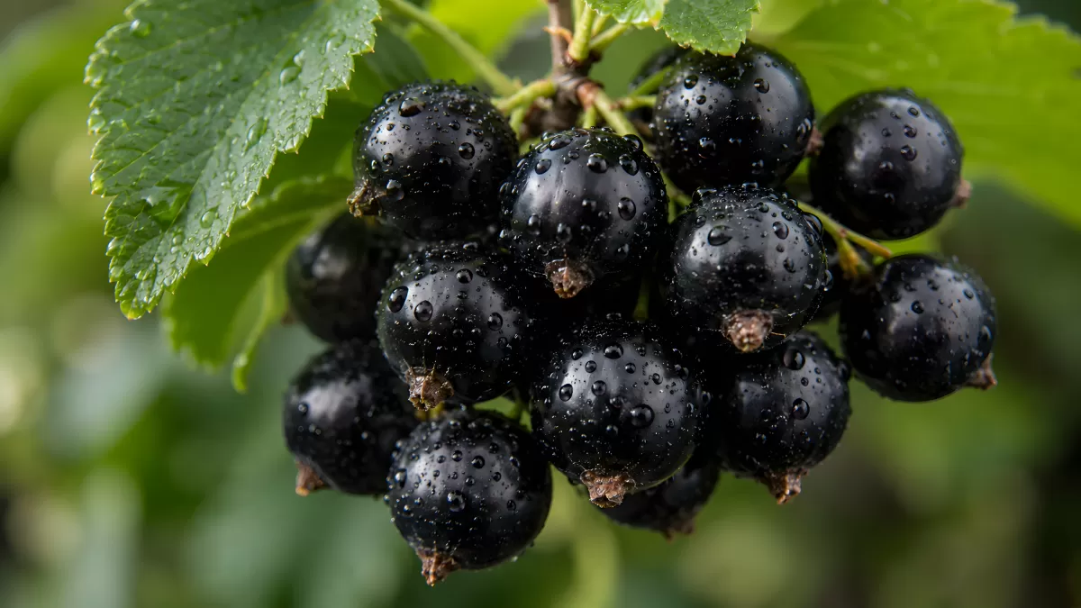 Schwarze Johannisbeeren mit Wassertropfen am Strauch
