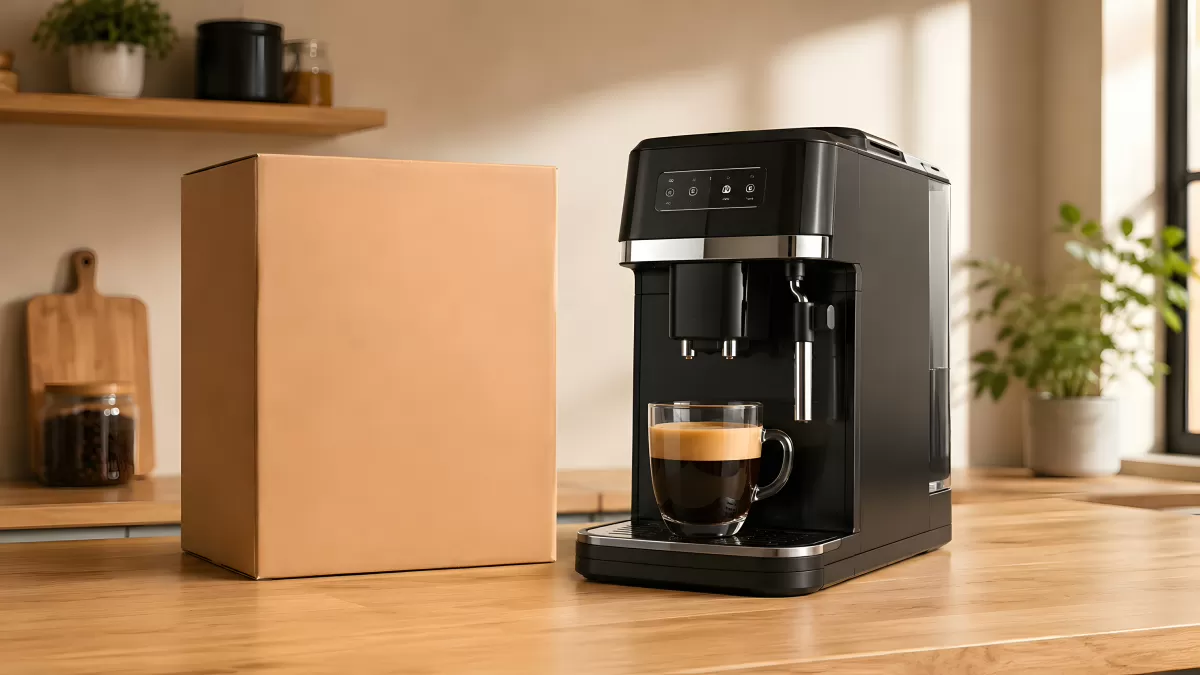 Schwarze Kaffeemaschine mit frischem Espresso auf Holztheke