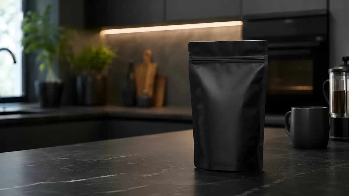 Schwarze Kaffeeverpackung auf dunkler Marmorplatte