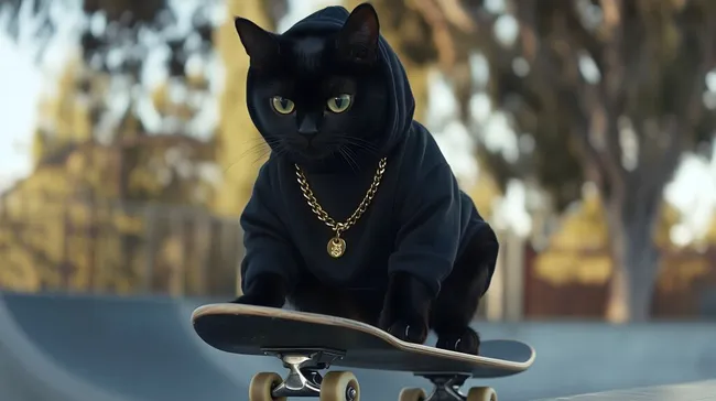 Schwarze Katze auf Skateboard mit Hoodie und Goldkette