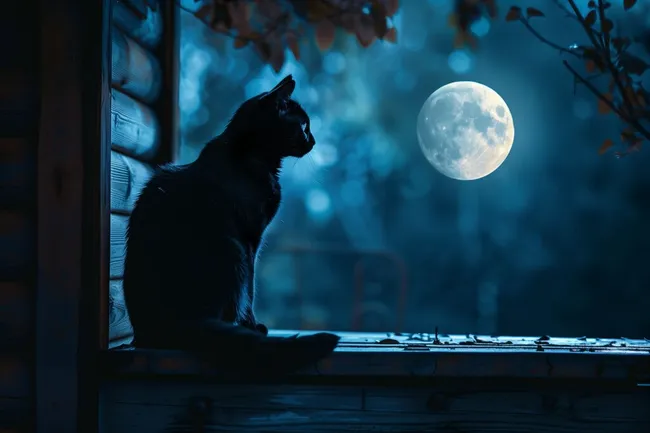 Schwarze Katze beobachtet den Vollmond in der Nacht