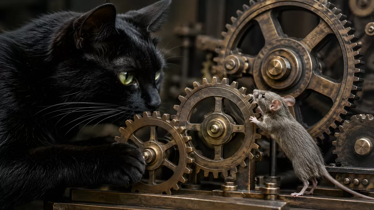 Schwarze Katze beobachtet Maus an Messingzahnrädern
