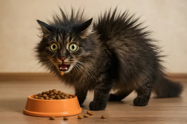 Schwarze Katze knurrt beim Fressen von Trockenfutter