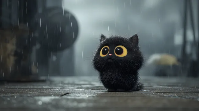 Schwarze Katze mit großen Augen im Regen