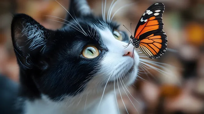 Schwarze Katze mit Schmetterling auf der Nase