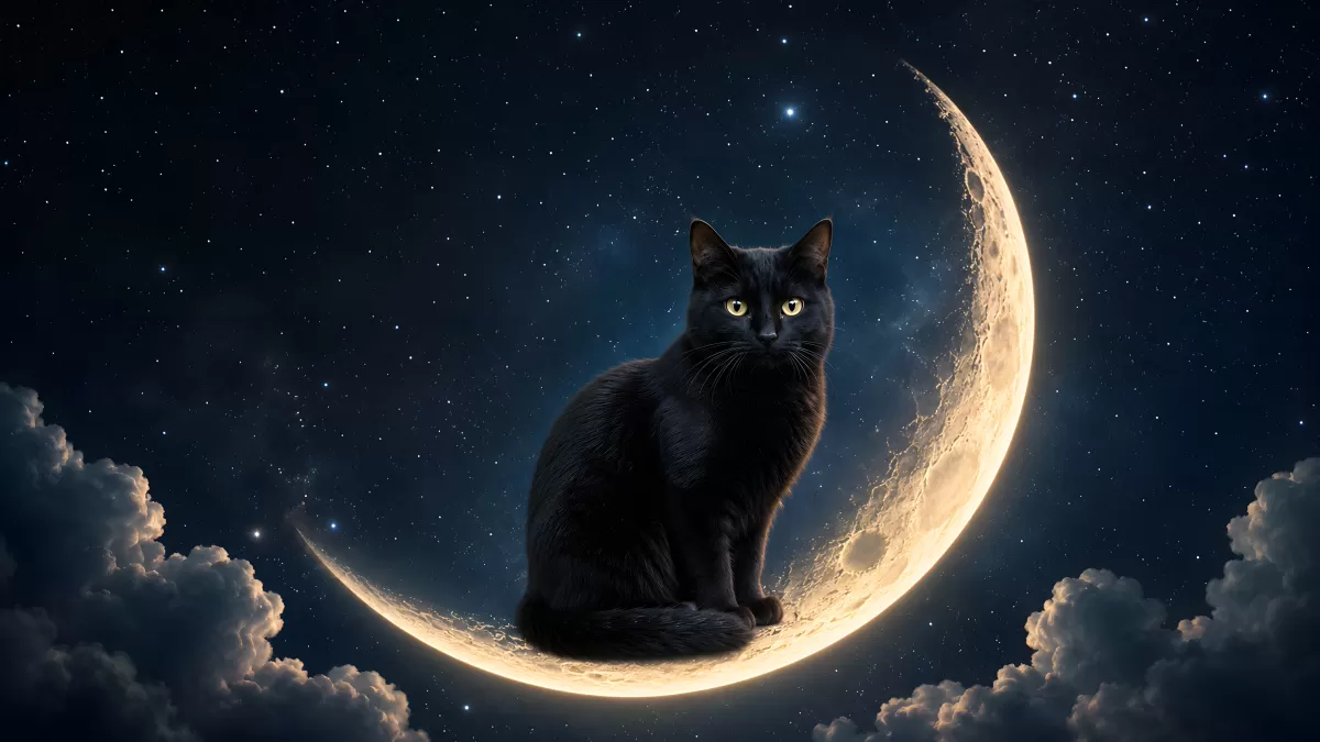Schwarze Katze sitzt auf einer Mondsichel im Sternenhimmel