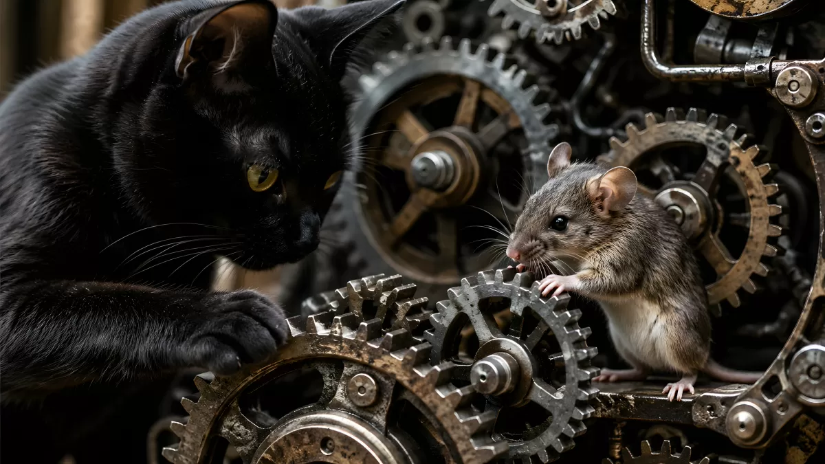 Schwarze Katze und Maus arbeiten gemeinsam an Zahnrädern