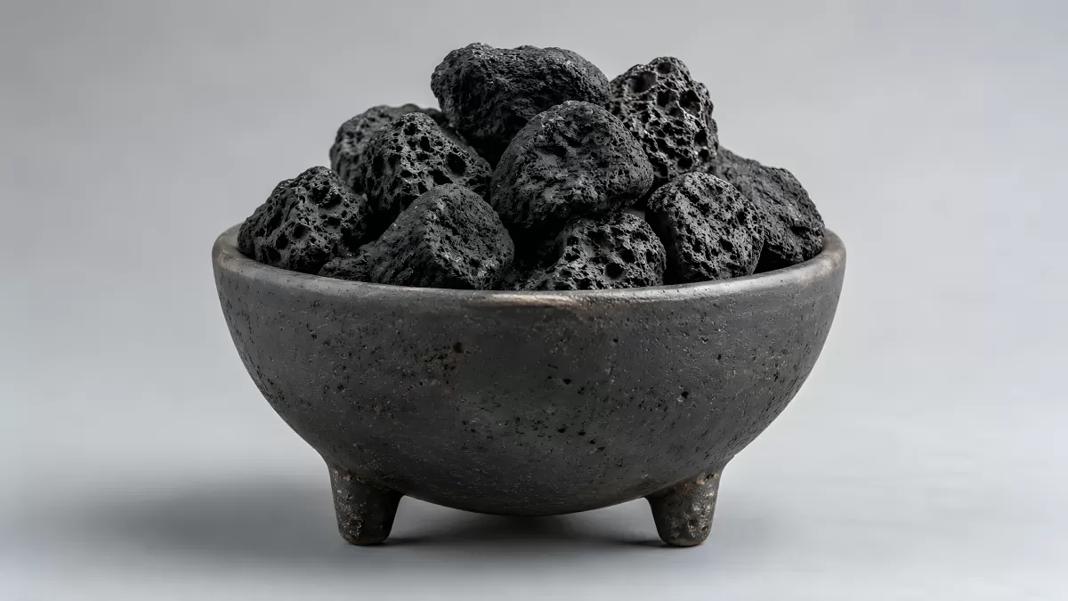 Schwarze Lavasteine in einer Steinschale auf grauem Hintergrund
