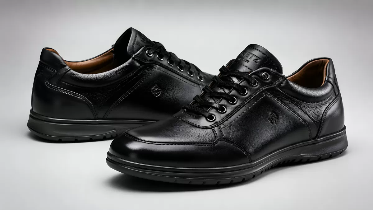 Schwarze Leder-Sneaker elegant auf grauem Hintergrund