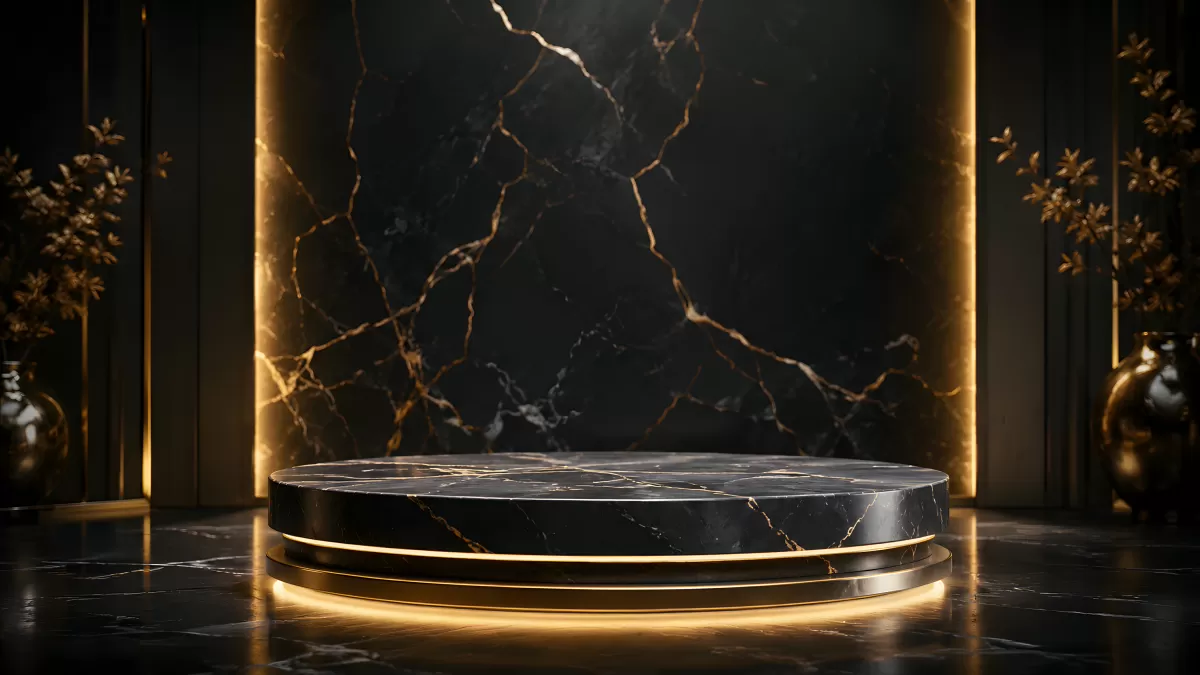 Schwarze Marmor-Bühne mit goldenen Adern und Beleuchtung