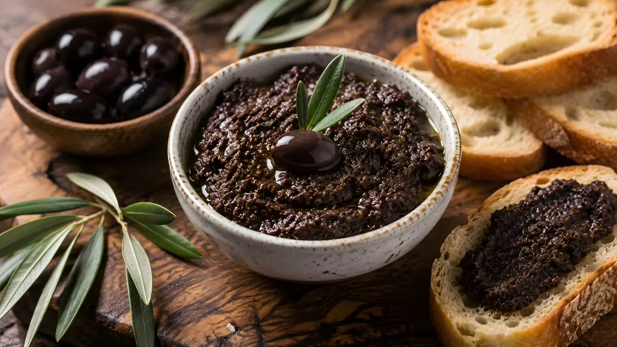 Schwarze Olivenpaste in Schale mit Baguettescheiben
