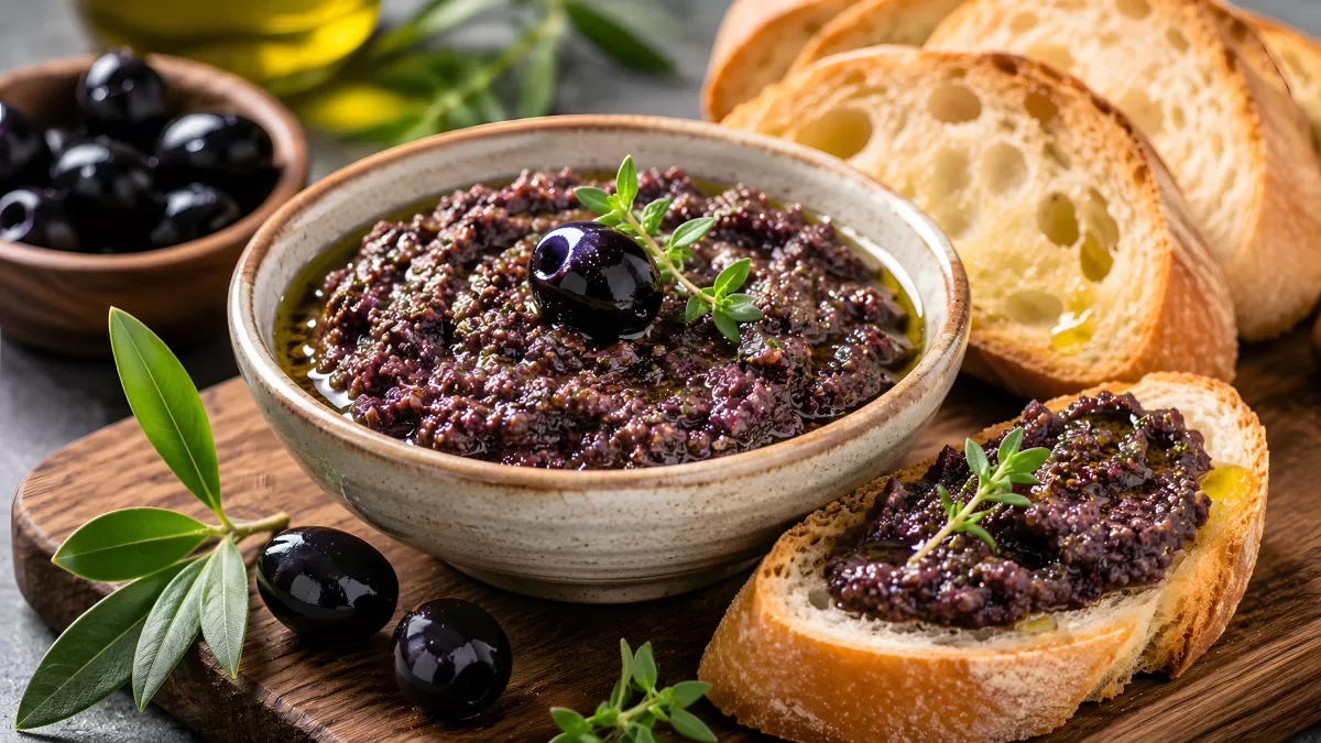 Schwarze Olivenpaste in Schüssel mit Baguettescheiben