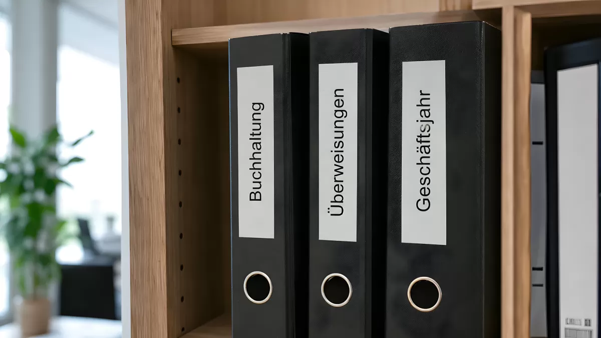 Schwarze Ordner mit deutschen Beschriftungen im Regal