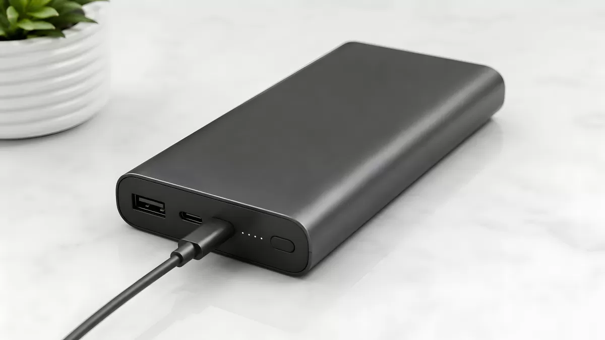 Schwarze Powerbank mit USB-Kabel auf Marmor