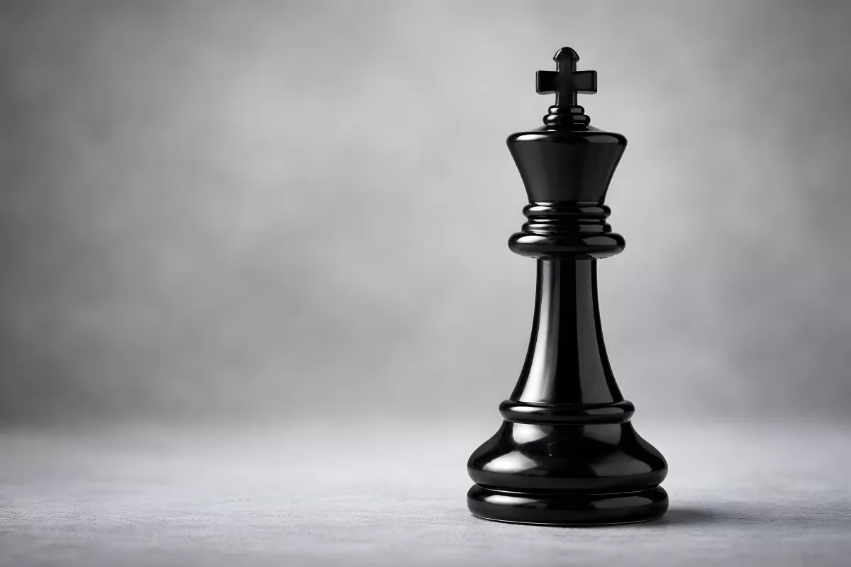 Schwarze Schachfigur König vor grauem Hintergrund