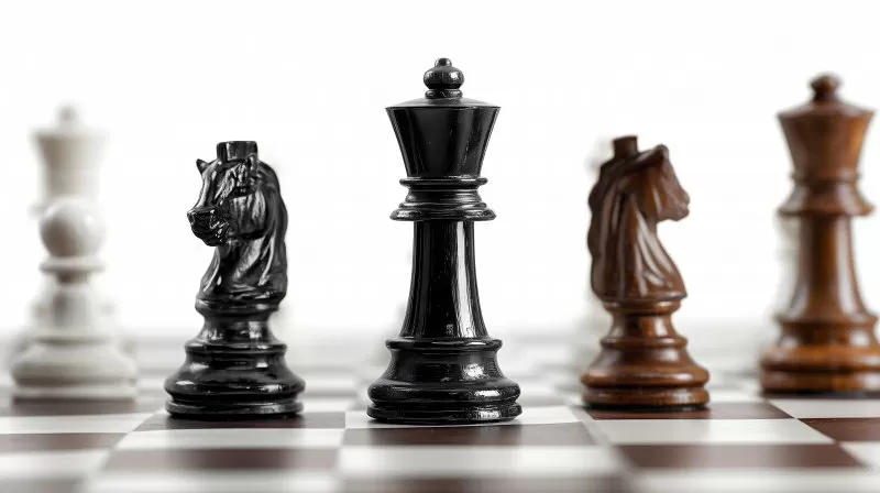 Schwarze Schachfiguren König Springer auf Schachbrett