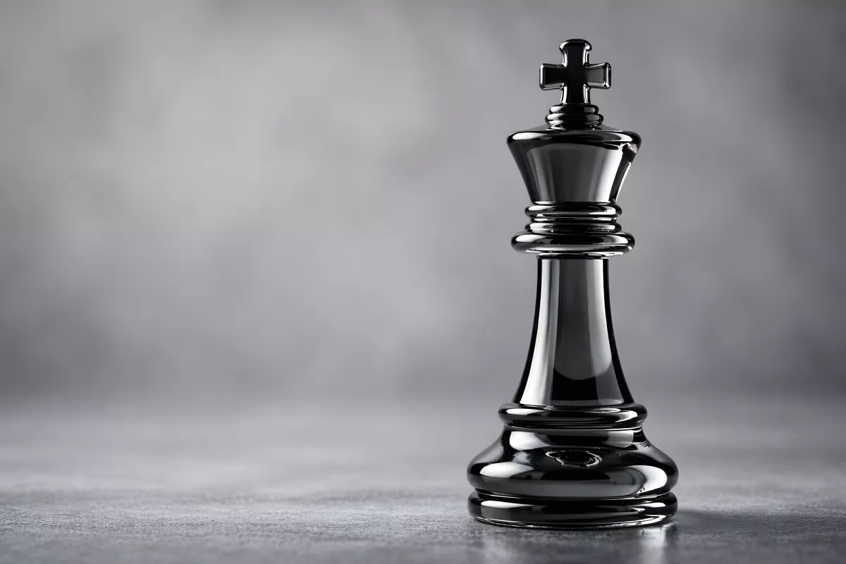 Schwarze Schachkönig-Figur vor grauem Hintergrund