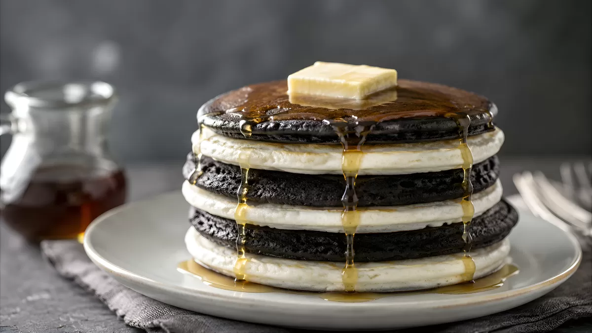 Schwarze Schokoladenpfannkuchen mit Butter und Ahornsirup