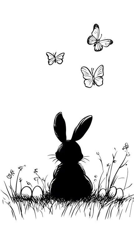 Schwarze Silhouette des Osterhasen mit Schmetterlingen