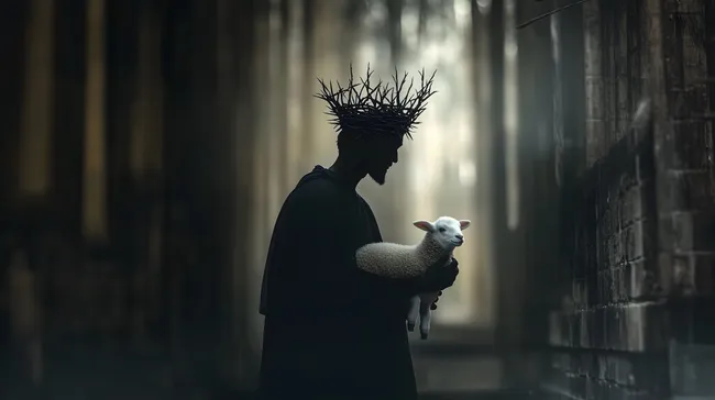 Schwarze Silhouette mit Dornenkrone und Lamm