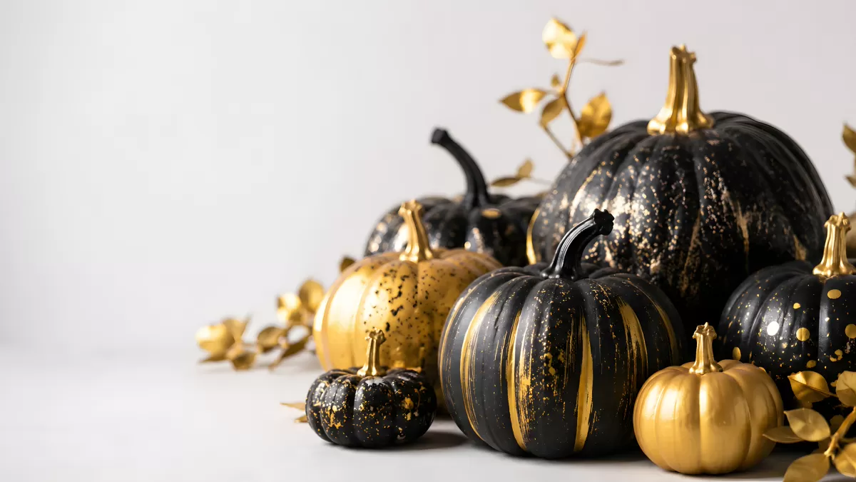 Schwarze und goldene Kürbisse als edles Herbstdeko