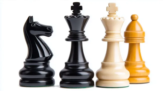 Schwarze und weiße Schachfiguren auf weißem Hintergrund