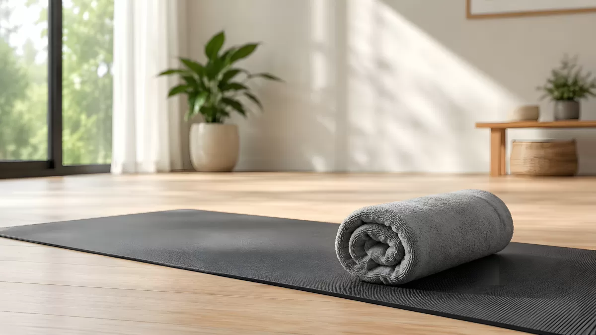 Schwarze Yogamatte mit Handtuch im hellen Wohnraum